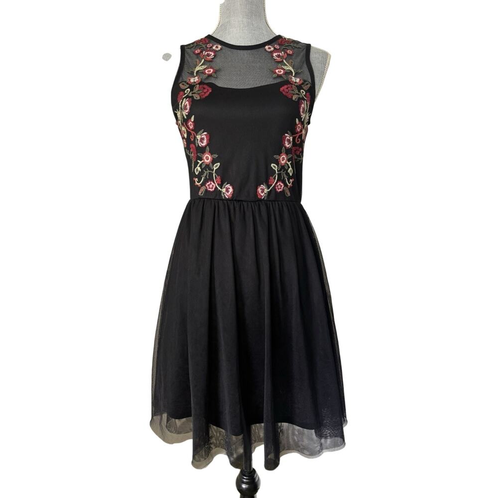 Black Sheer Mesh Floral Embroidered Dress S Dark Romance Whimsigoth A-Line